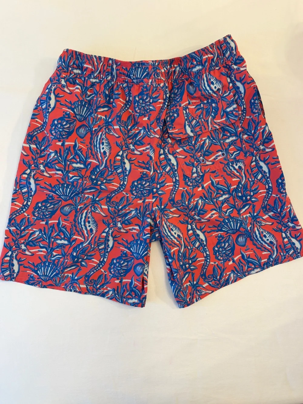 Vineyard Vines Boys Red & Blue Seahorse & Sea Creatures Print Swim Trunks Size L